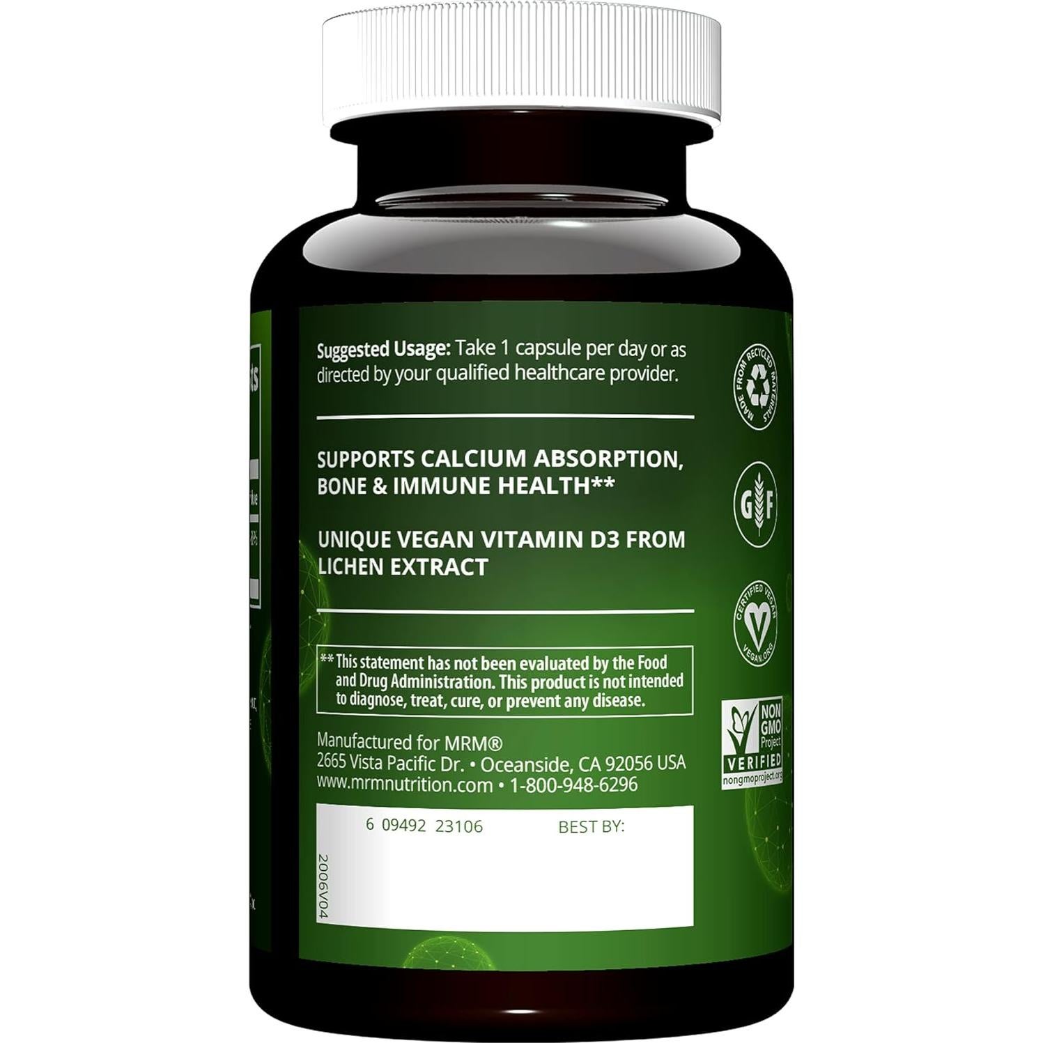 Vitamina D3 Vegana MRM 5000 UI - Salud Ósea y Inmunológica - 60 Cápsulas