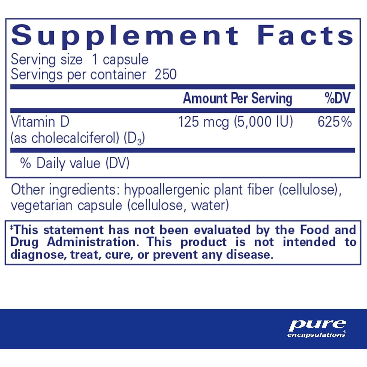 Vitamina D3 125 mcg Pure Encapsulations - 250 Cápsulas