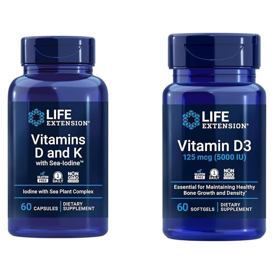 Vitaminas D3 5000 UI, K1, K2 y Yodo Marino Life Extension