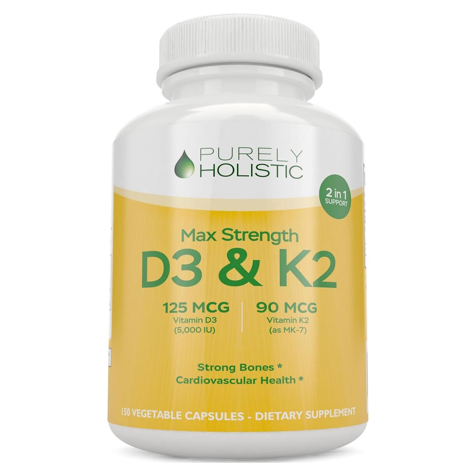 Vitaminas D3 5000 UI y K2 90 mcg MK7 Purely Holistic 150 Cápsulas Vegetarianas