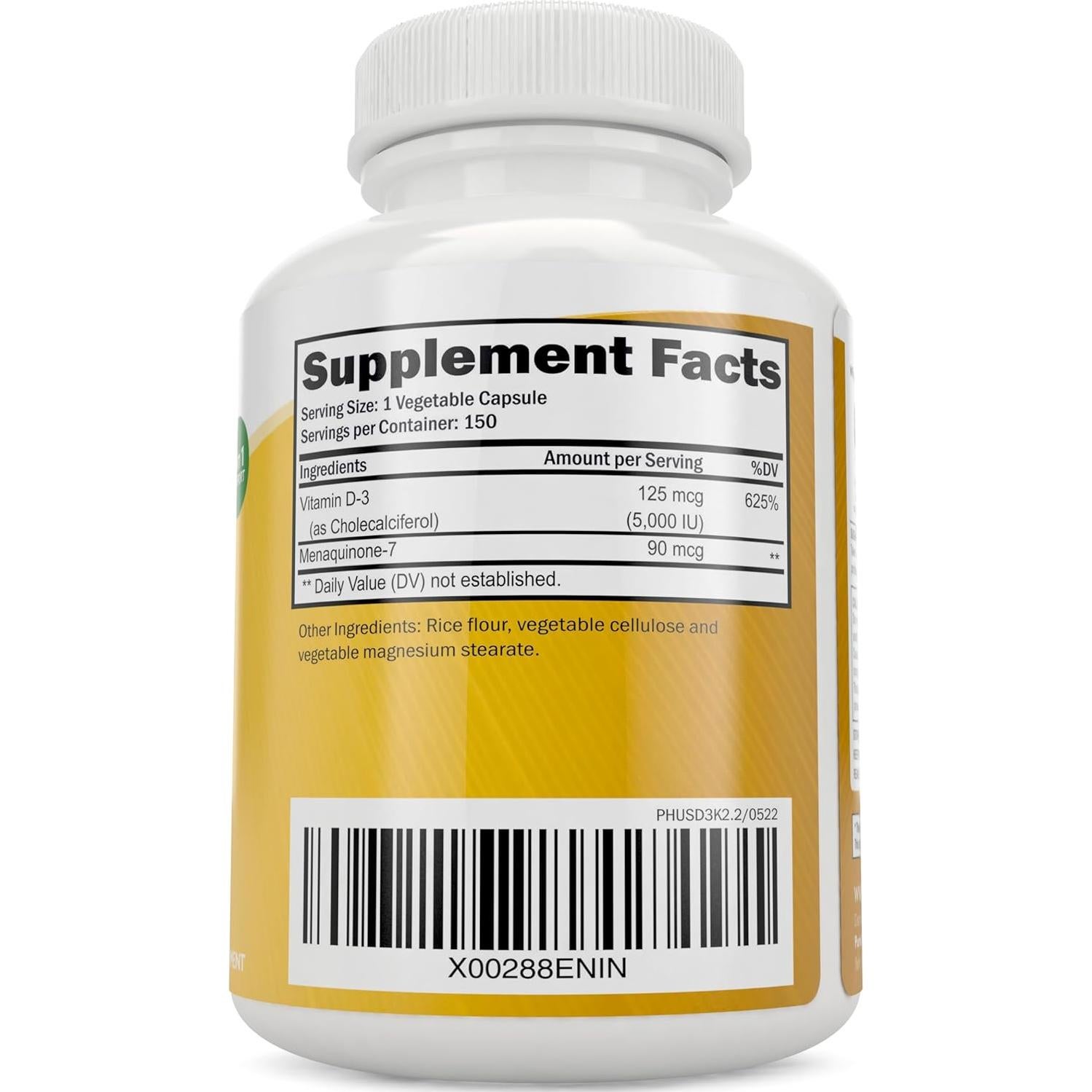 Vitaminas D3 5000 UI y K2 90 mcg MK7 Purely Holistic 150 Cápsulas Vegetarianas