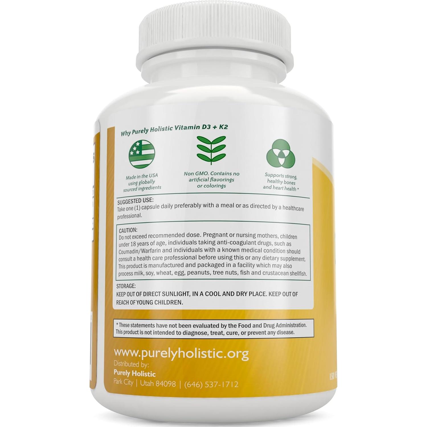 Vitaminas D3 5000 UI y K2 90 mcg MK7 Purely Holistic 150 Cápsulas Vegetarianas