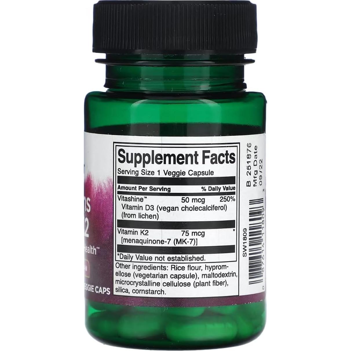 Swanson Vitaminas D3 2000 IU y K2 75 mcg 60 Cápsulas Veganas