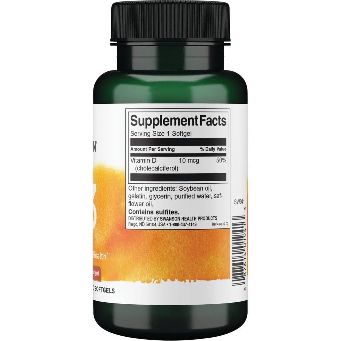 Swanson Vitamina D3 400 UI 250 Cápsulas Blandas