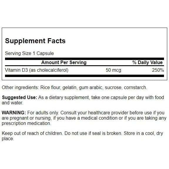 Vitamina D-3 2000 IU Swanson - 250 Cápsulas para Salud Ósea
