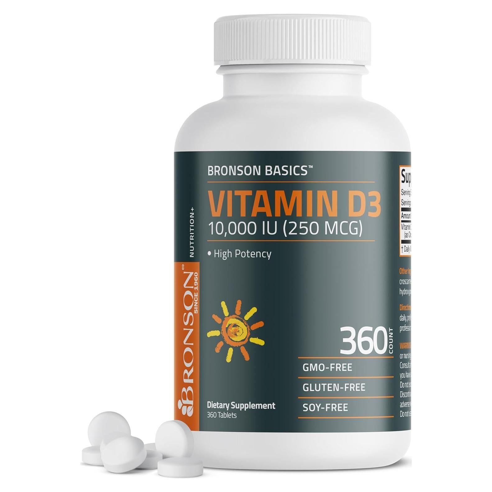 Vitamina D3 Bronson 10,000 IU 360 Tabletas Sin Sabor