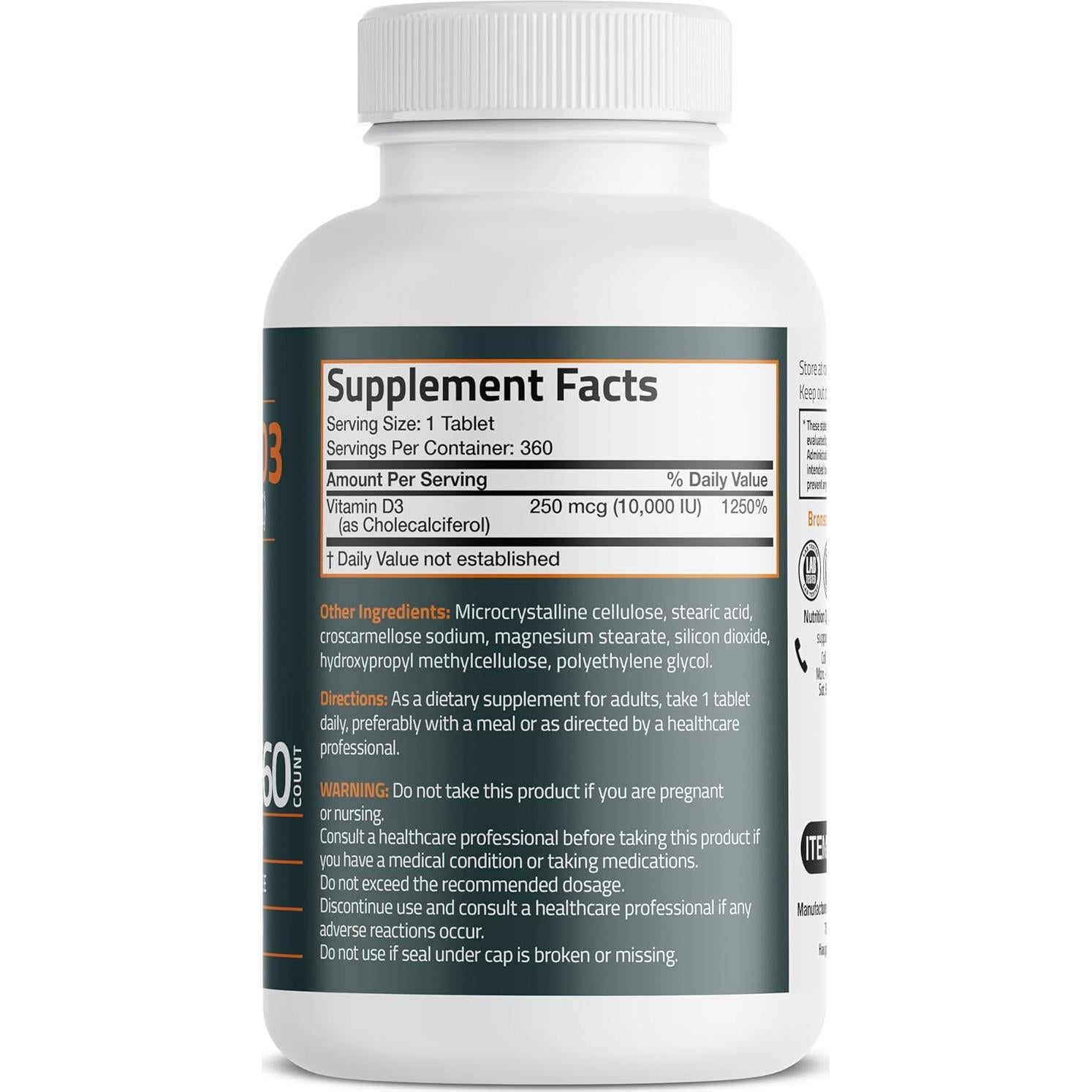 Vitamina D3 Bronson 10,000 IU 360 Tabletas Sin Sabor