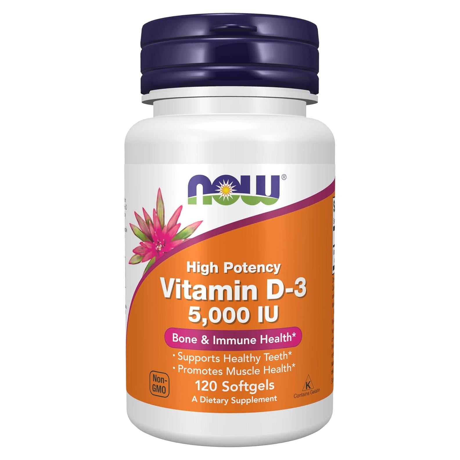 Vitamina D-3 5000 UI NOW Foods 120 Gelatinas Blandas Alta Potencia