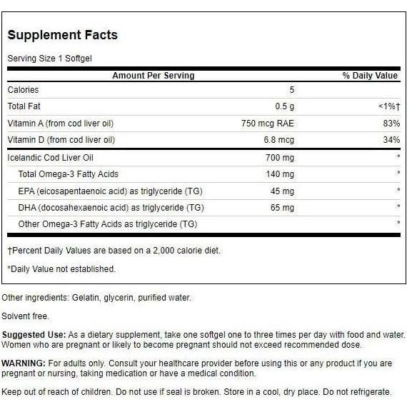 Aceite de Hígado de Bacalao Swanson 700mg - 250 Gelatinas Blandas