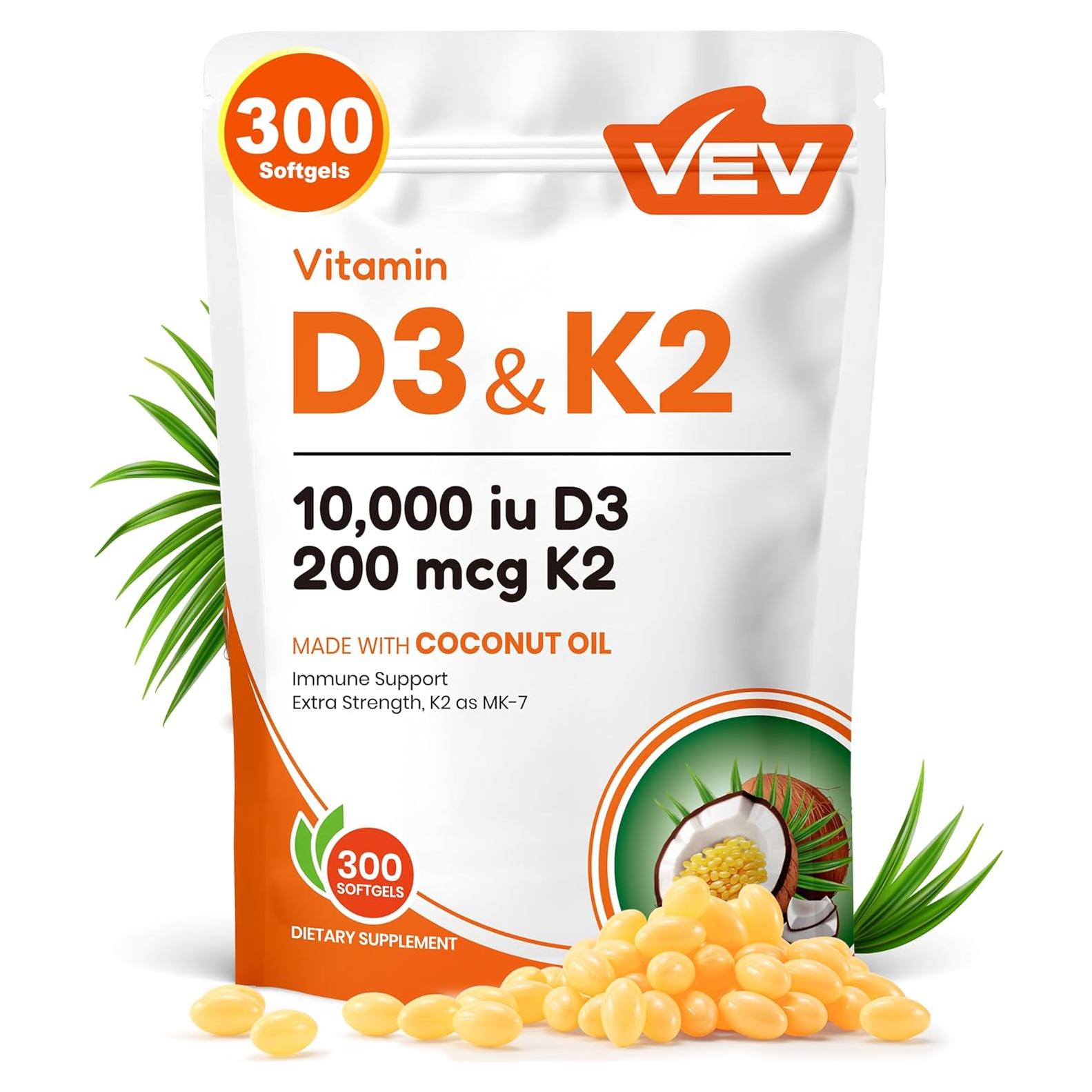 VEV Vitamina D3 10000 UI con K2 MK7 - 300 Gelatinas Blandas