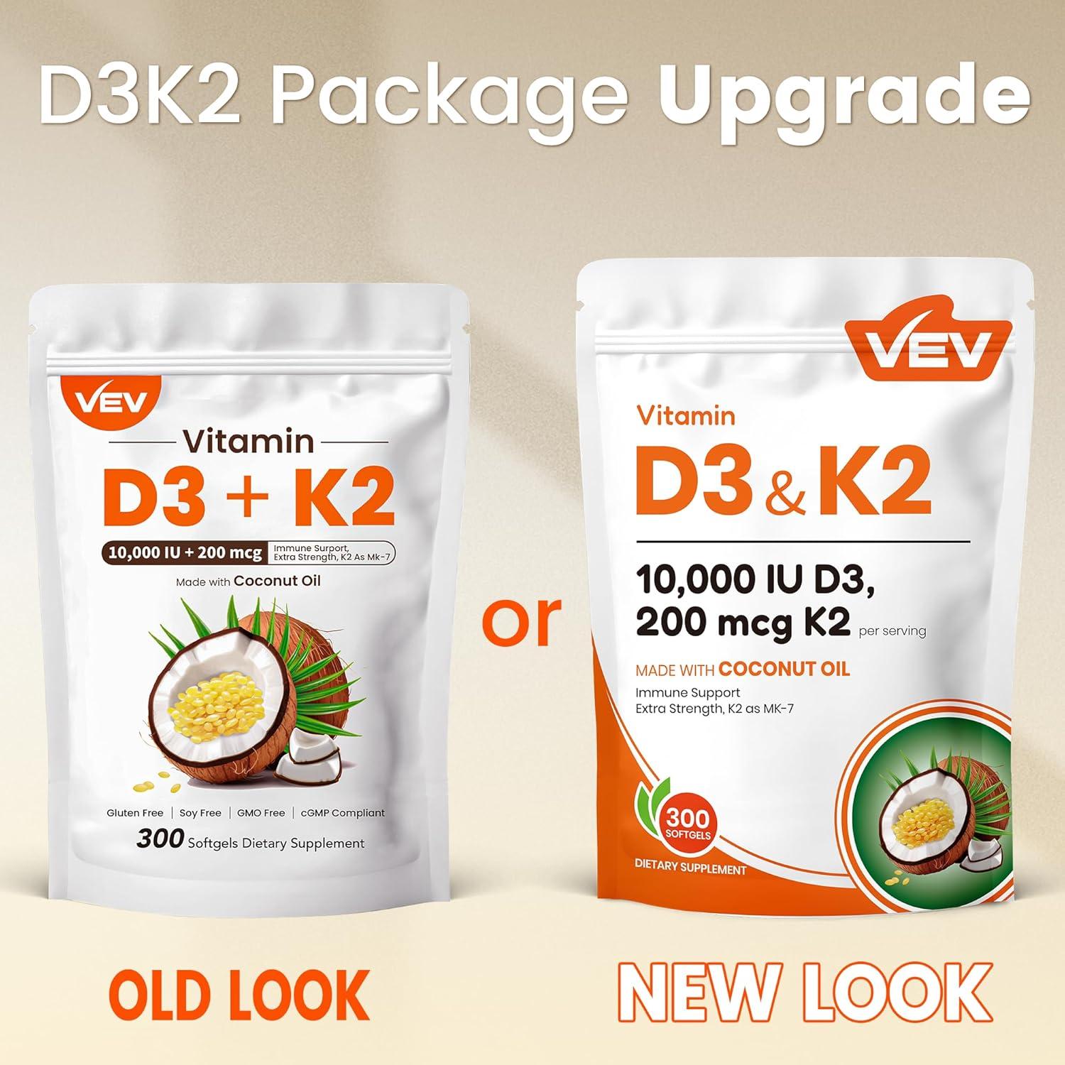 VEV Vitamina D3 10000 UI con K2 MK7 - 300 Gelatinas Blandas