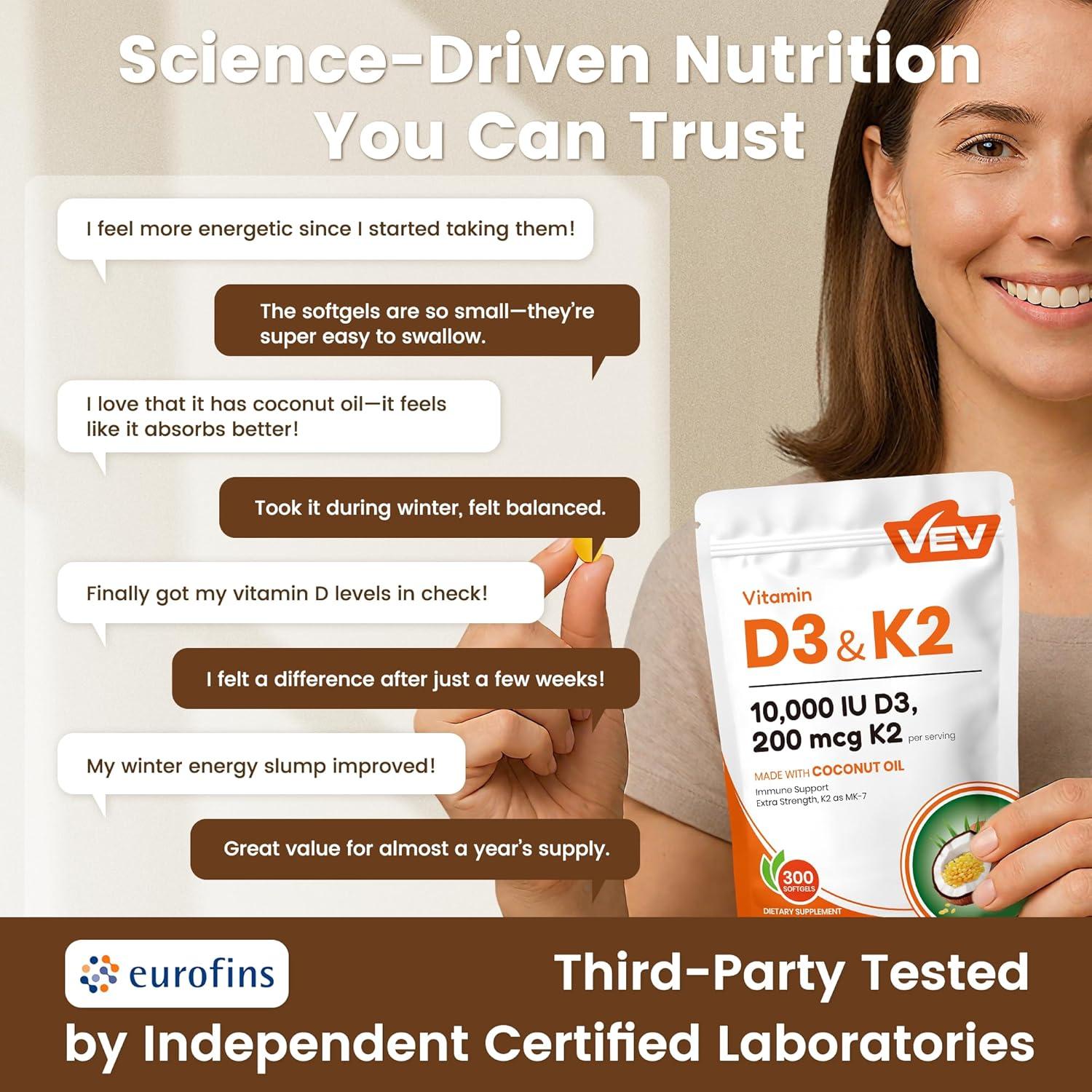 VEV Vitamina D3 10000 UI con K2 MK7 - 300 Gelatinas Blandas