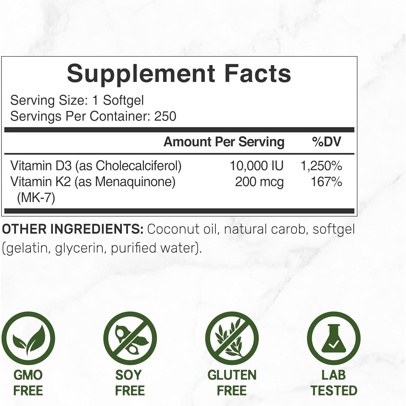 Suplemento Deal Vitamina D3 10000 UI + K2 MK7 200 mcg 250 Gelatinas