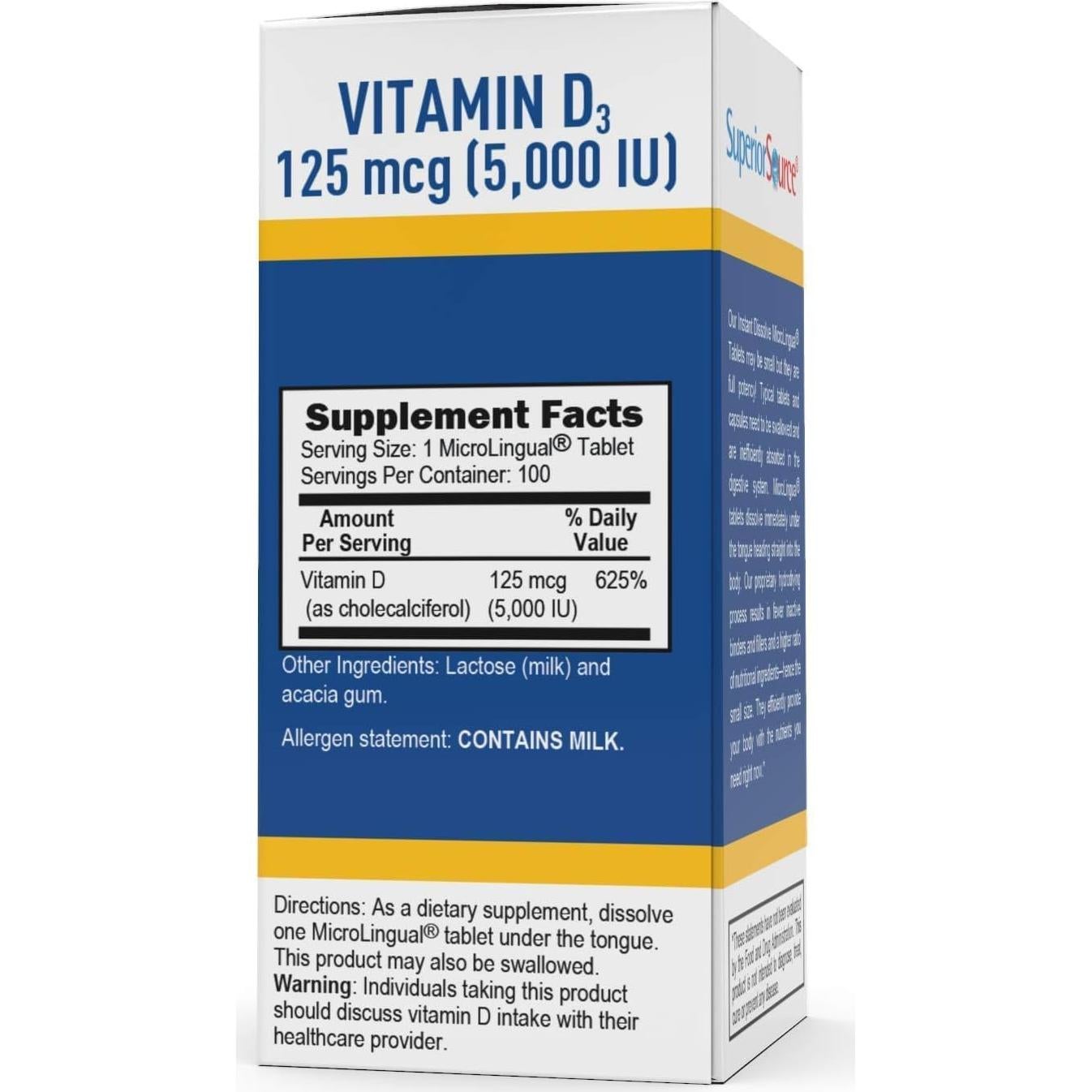 Vitamina D3 5000 UI Superior Source - 100 Tabletas Sublinguales