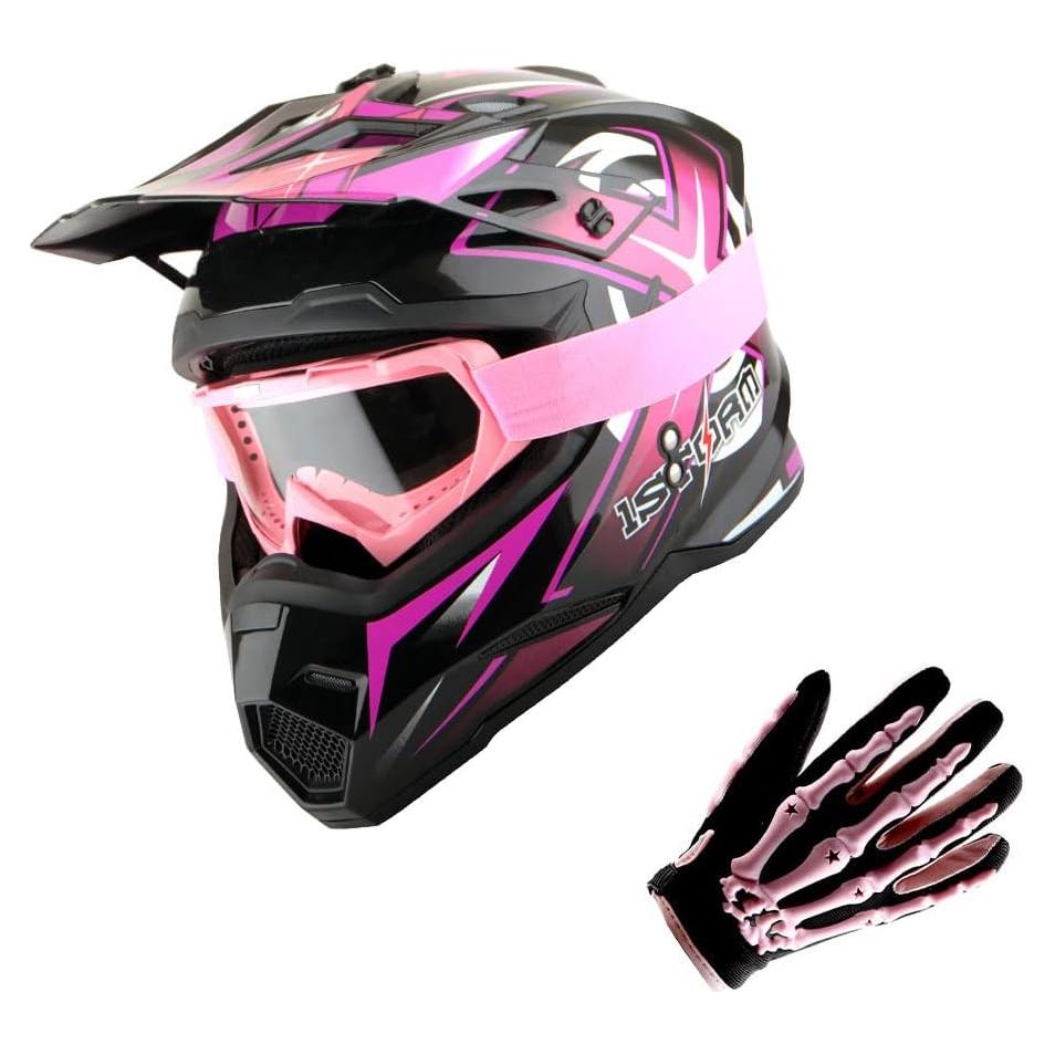 Casco de Motocross Power Gear HF801 Rosa + Gafas + Guantes