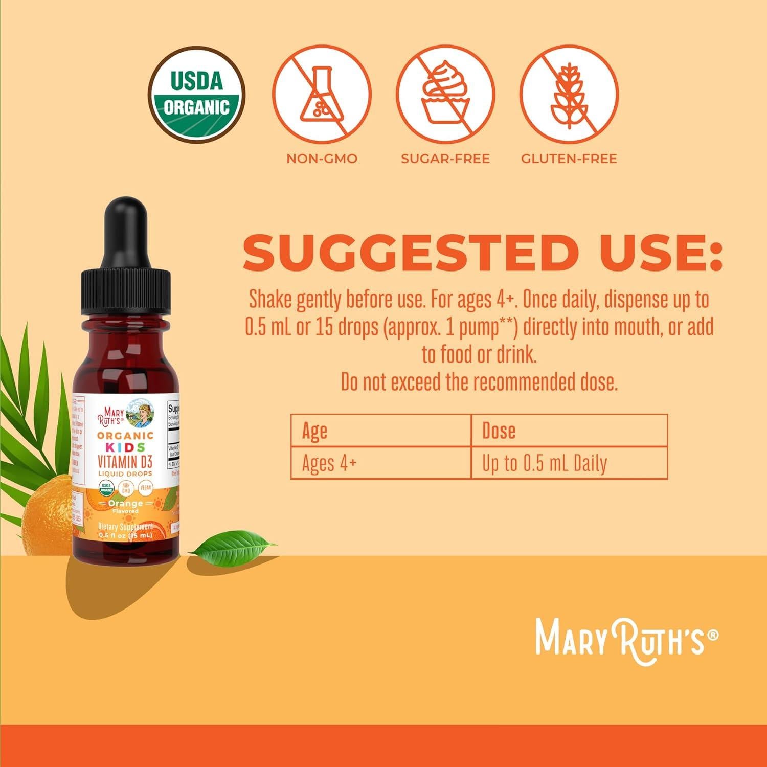 Gotas Líquidas de Vitamina D3 MaryRuth 640 IU para Niños 0.5 mL