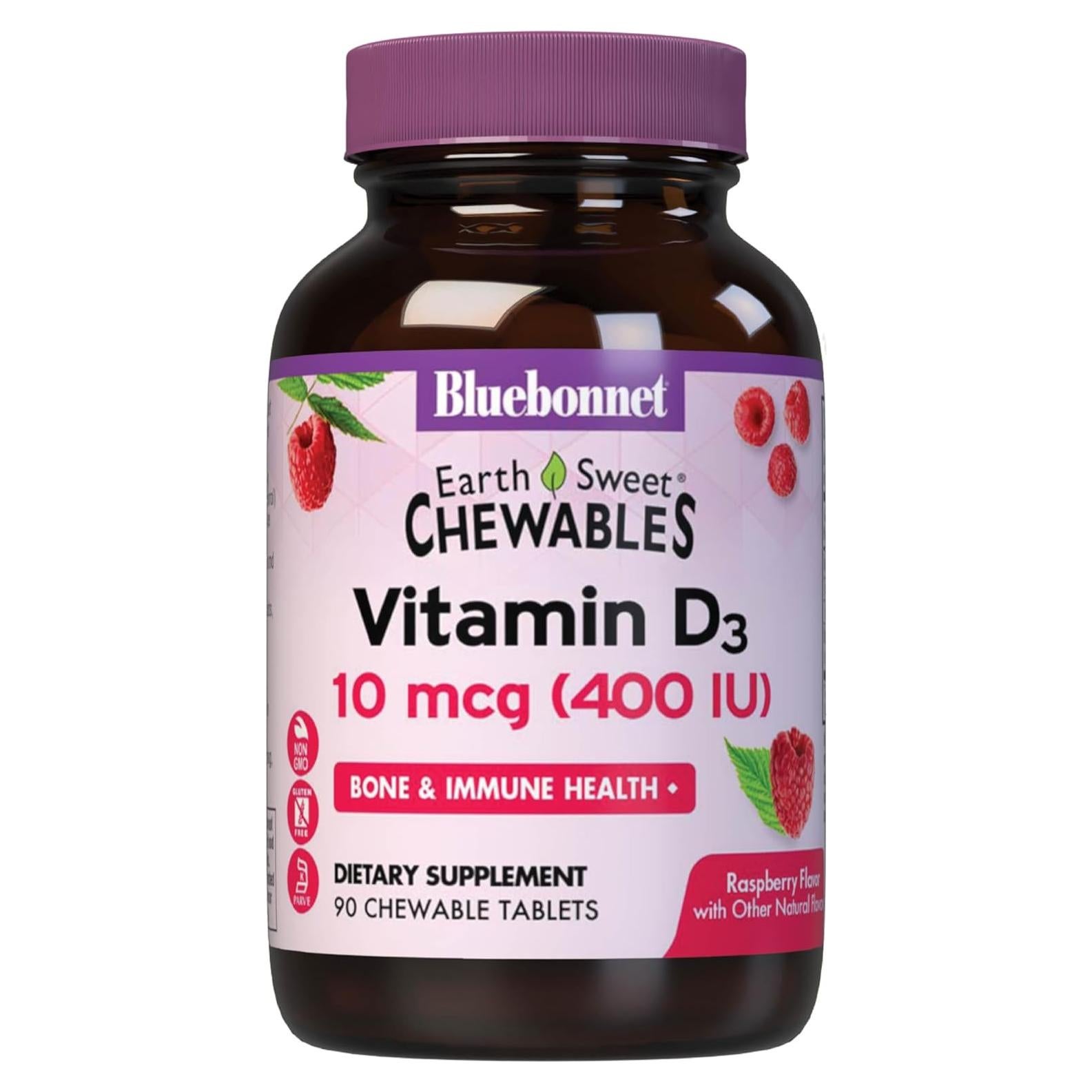 Tabletas Masticables Vitamina D3 Bluebonnet 10 mcg Frambuesa