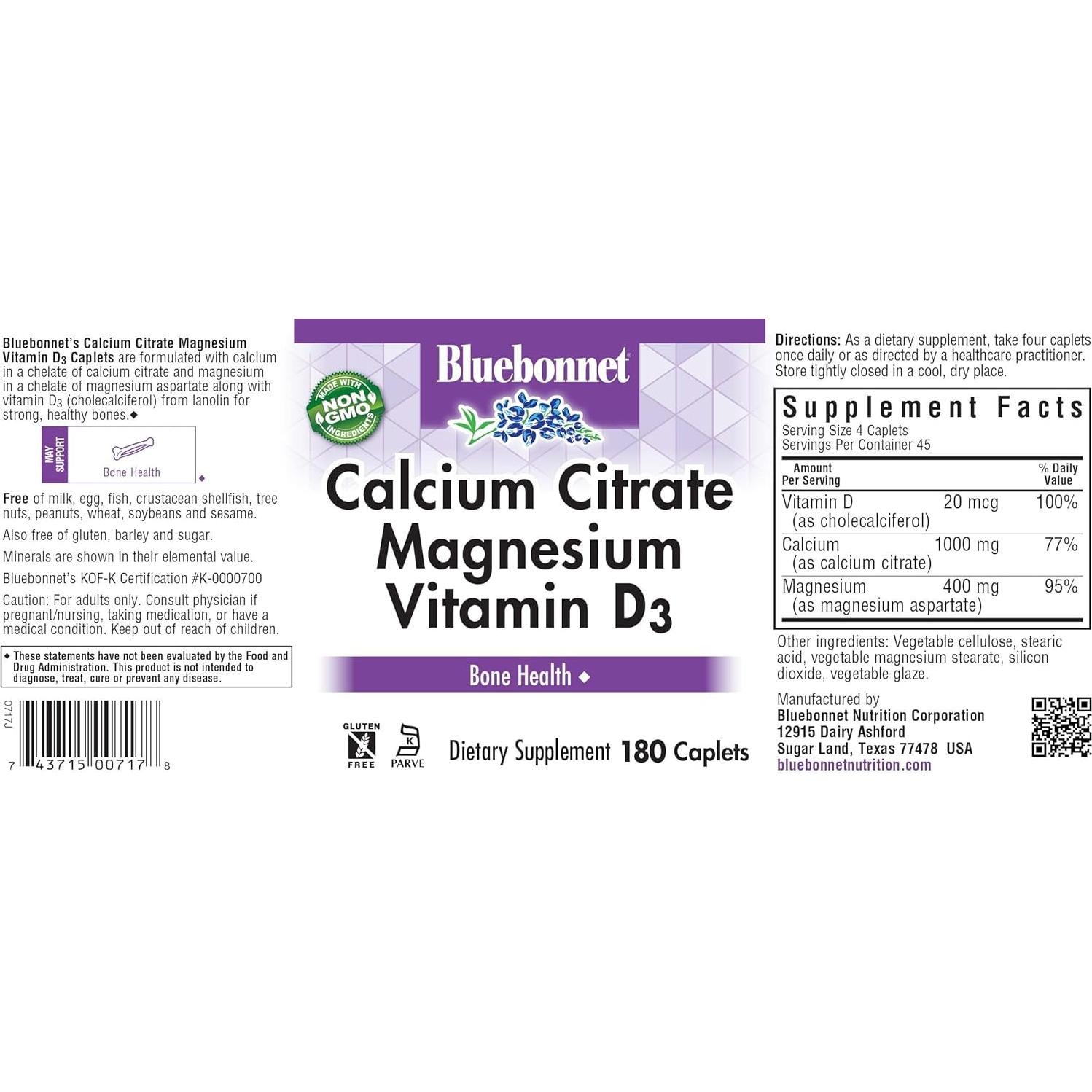 Capletas de Citrato de Calcio y Magnesio Bluebonnet 180 Unidades