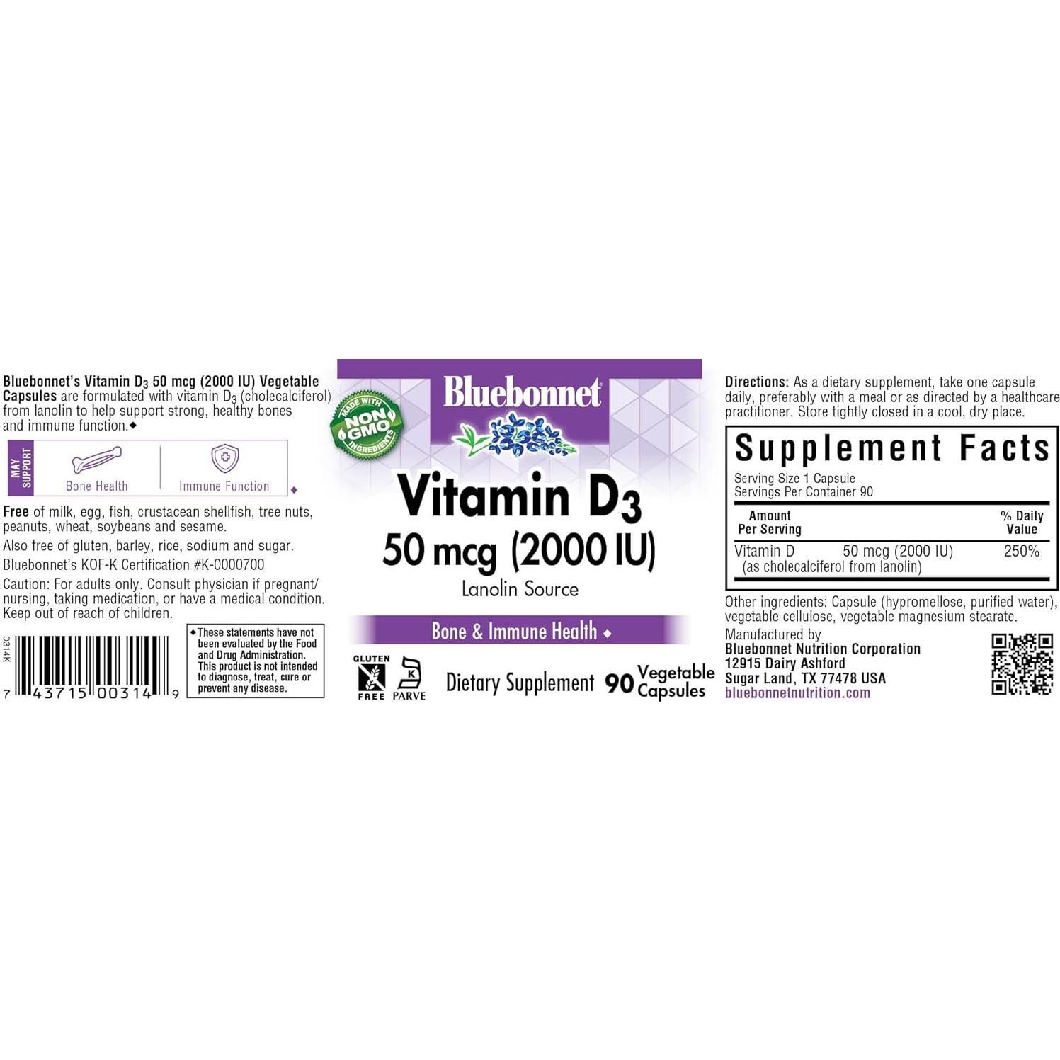 Cápsulas Vegetales Vitamina D3 2000 UI BlueBonnet 90 Unidades