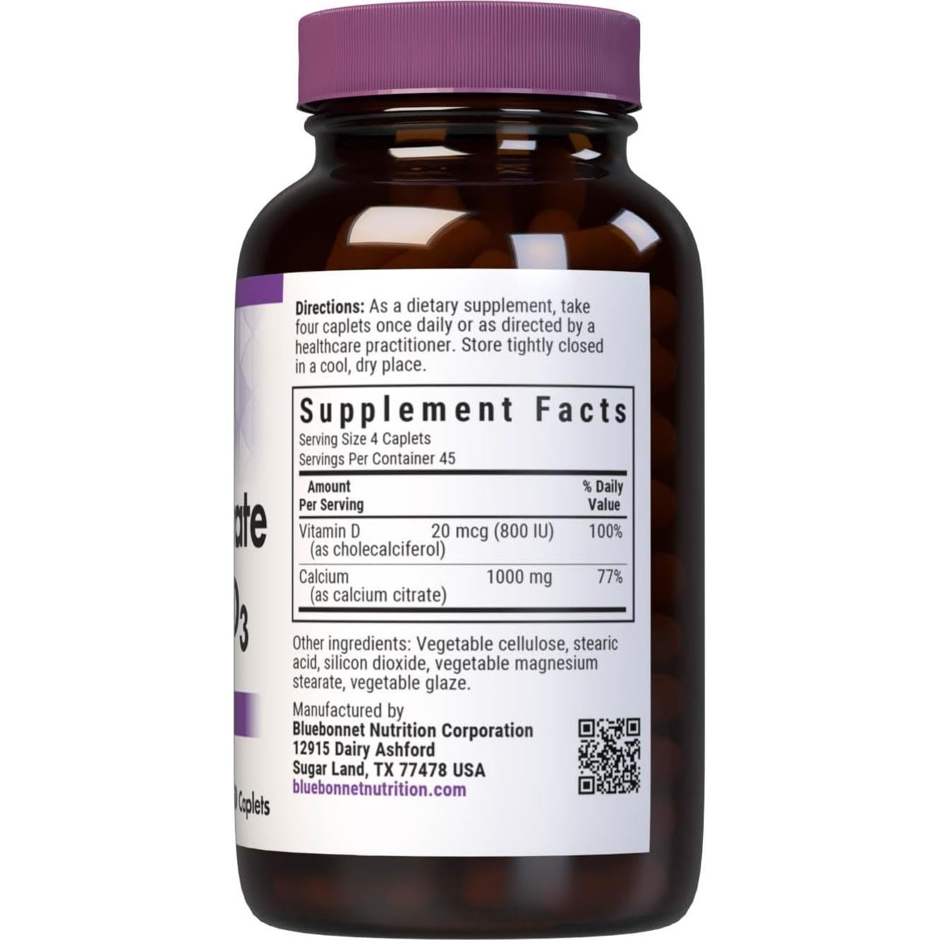 Citrato de Calcio Bluebonnet 1000mg + Vitamina D3 800UI - 180 Tabletas