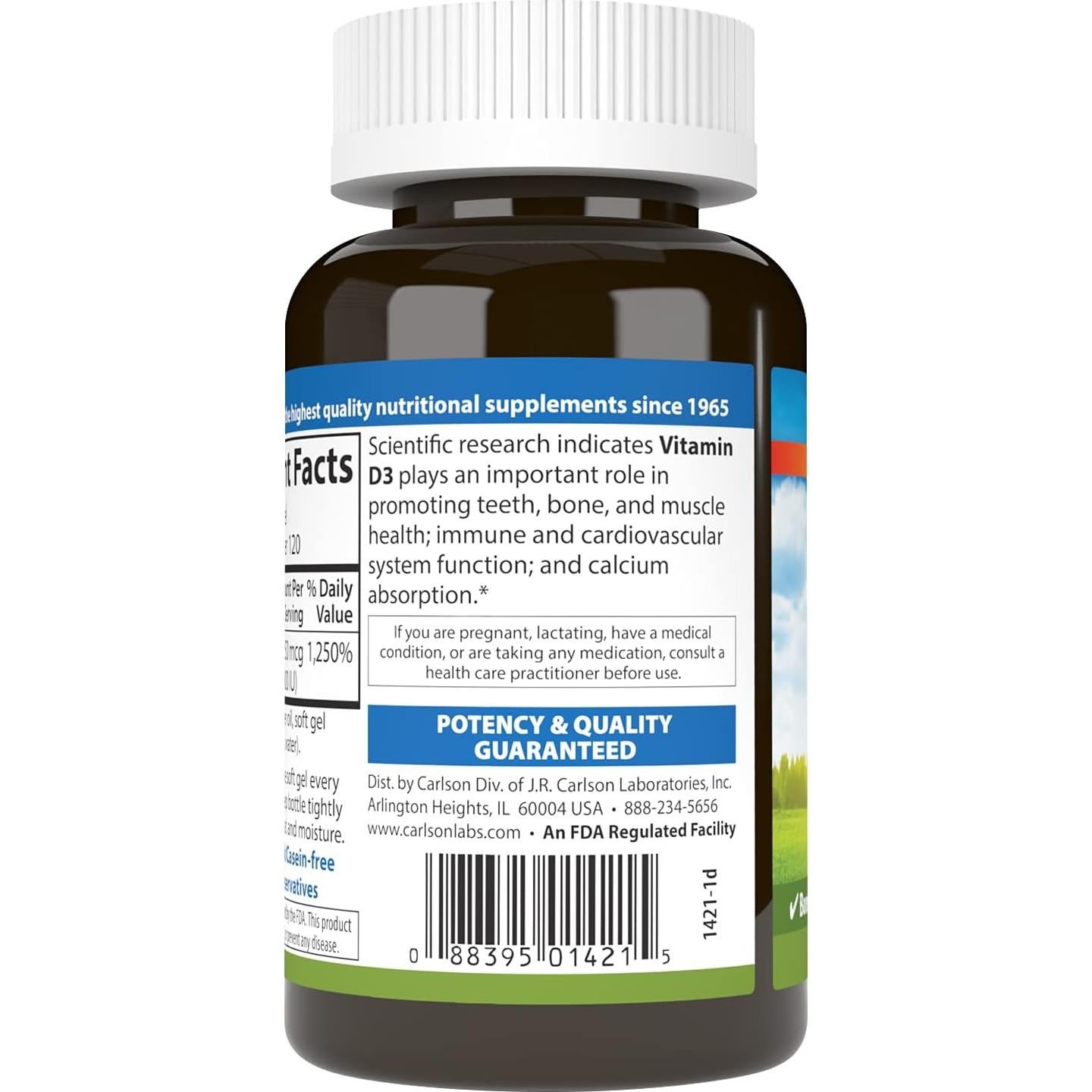 Carlson Vitamina D3 10000 UI 120 Cápsulas Blandas Suplemento