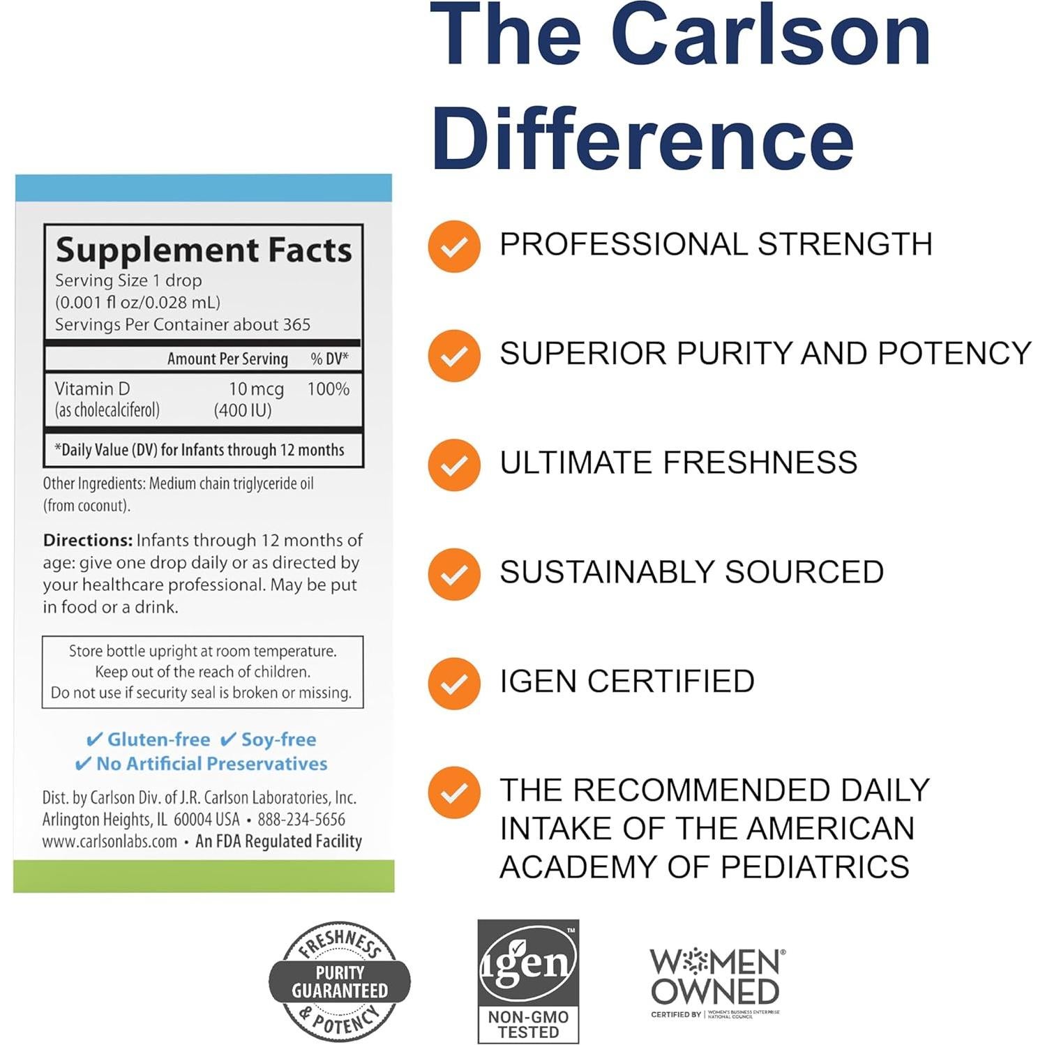 Gotas de Vitamina D3 Carlson para Bebés 10.4 ml - 400 IU