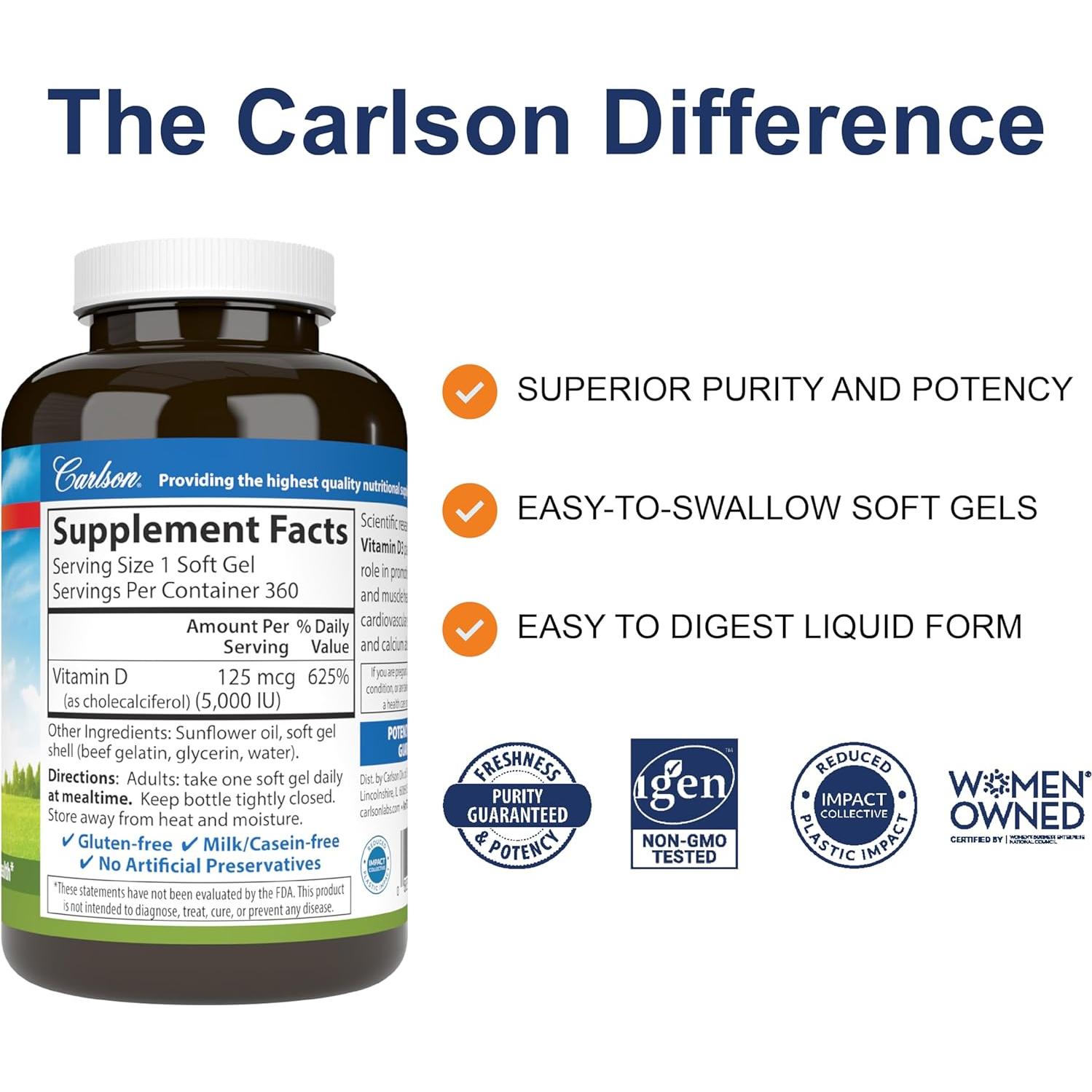 Carlson Vitamina D3 5000 UI 360 Cápsulas Blandas Salud Ósea