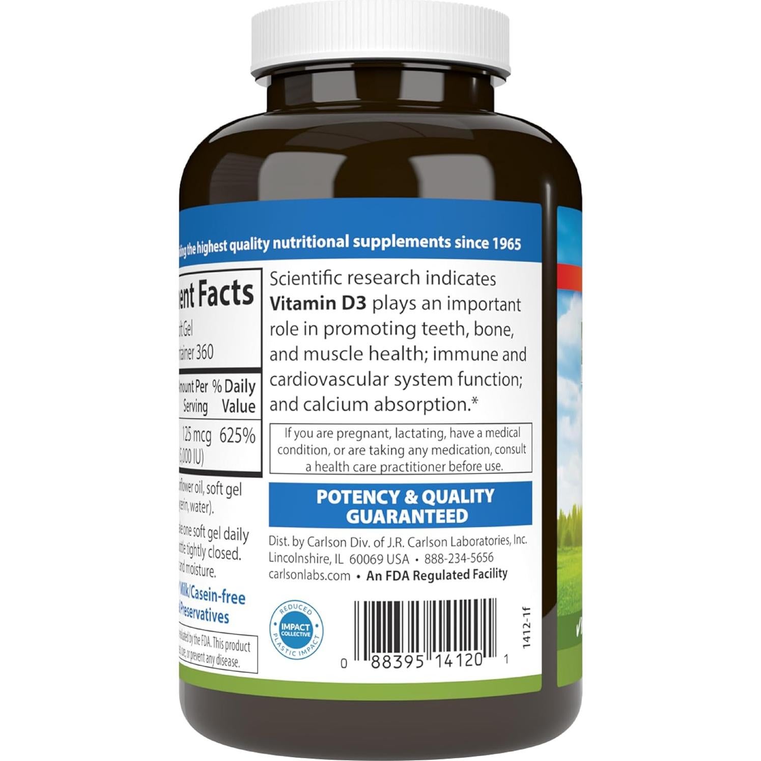 Carlson Vitamina D3 5000 UI 360 Cápsulas Blandas Salud Ósea