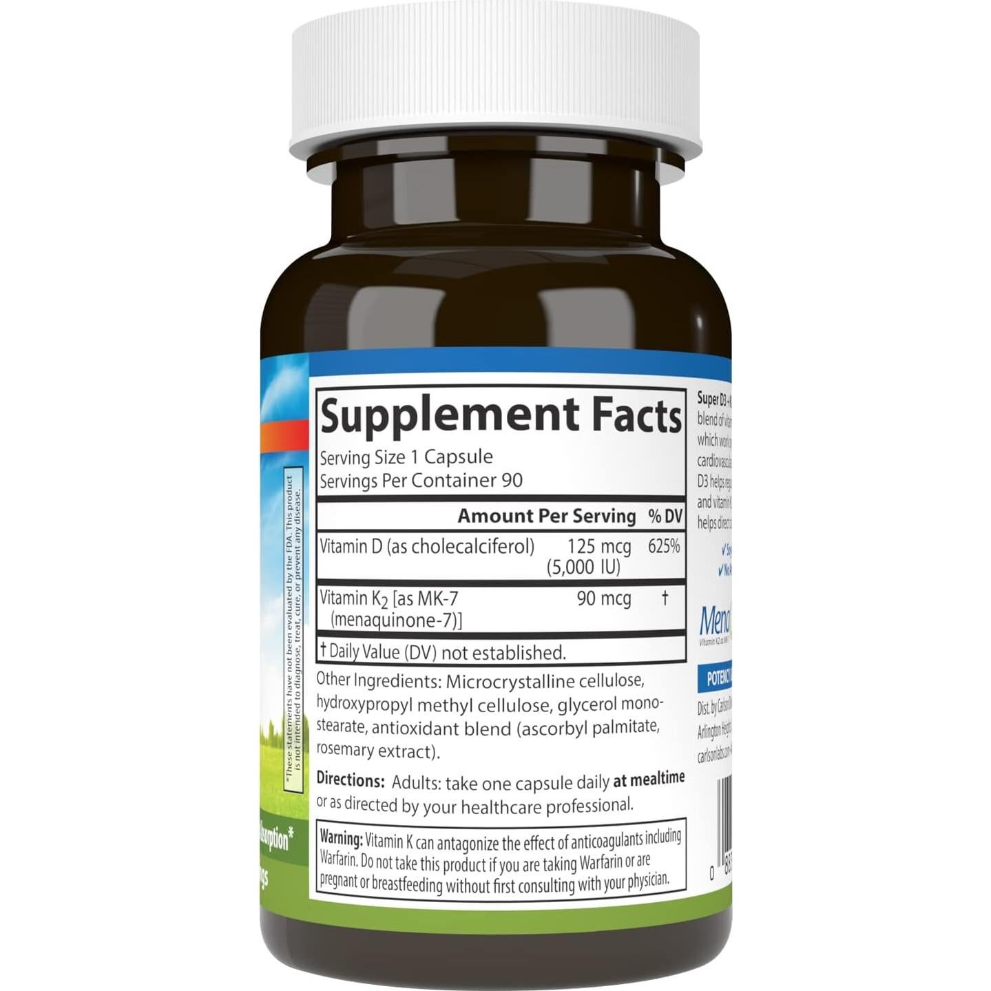 Carlson Vitamina D3 125 mcg + K2 90 mcg - 90 Cápsulas Vegetarianas