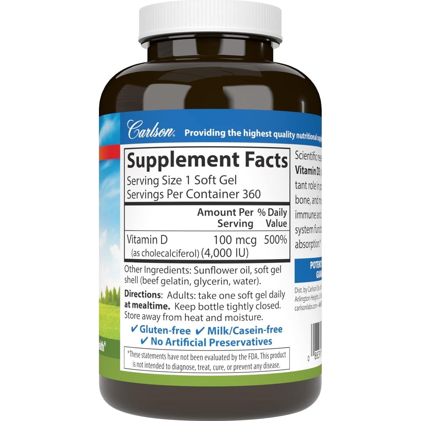 Carlson Vitamina D3 4000 UI (100 mcg) 360 Cápsulas Blandas