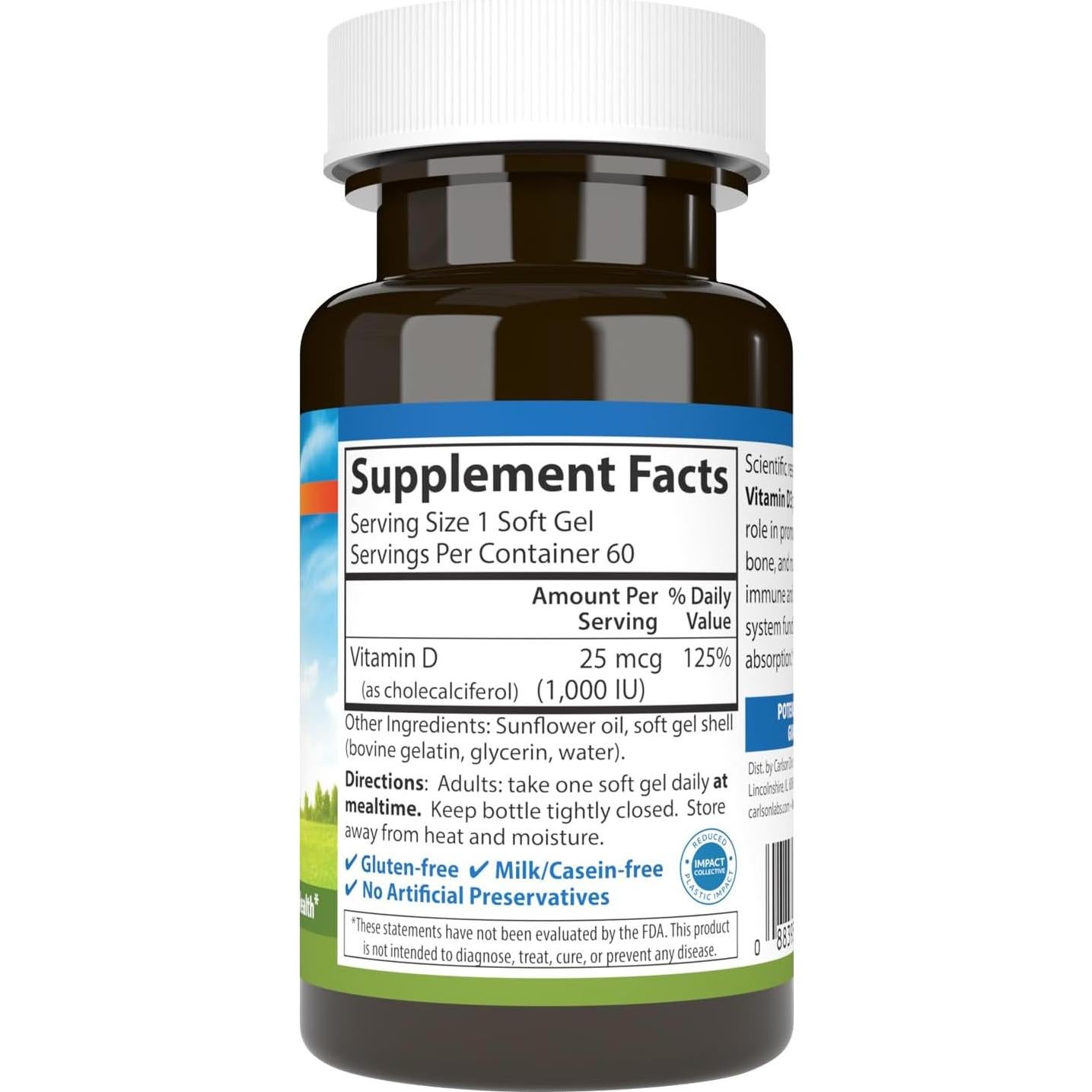 Carlson Vitamina D3 1000 UI 60 Cápsulas Blandas Salud Ósea