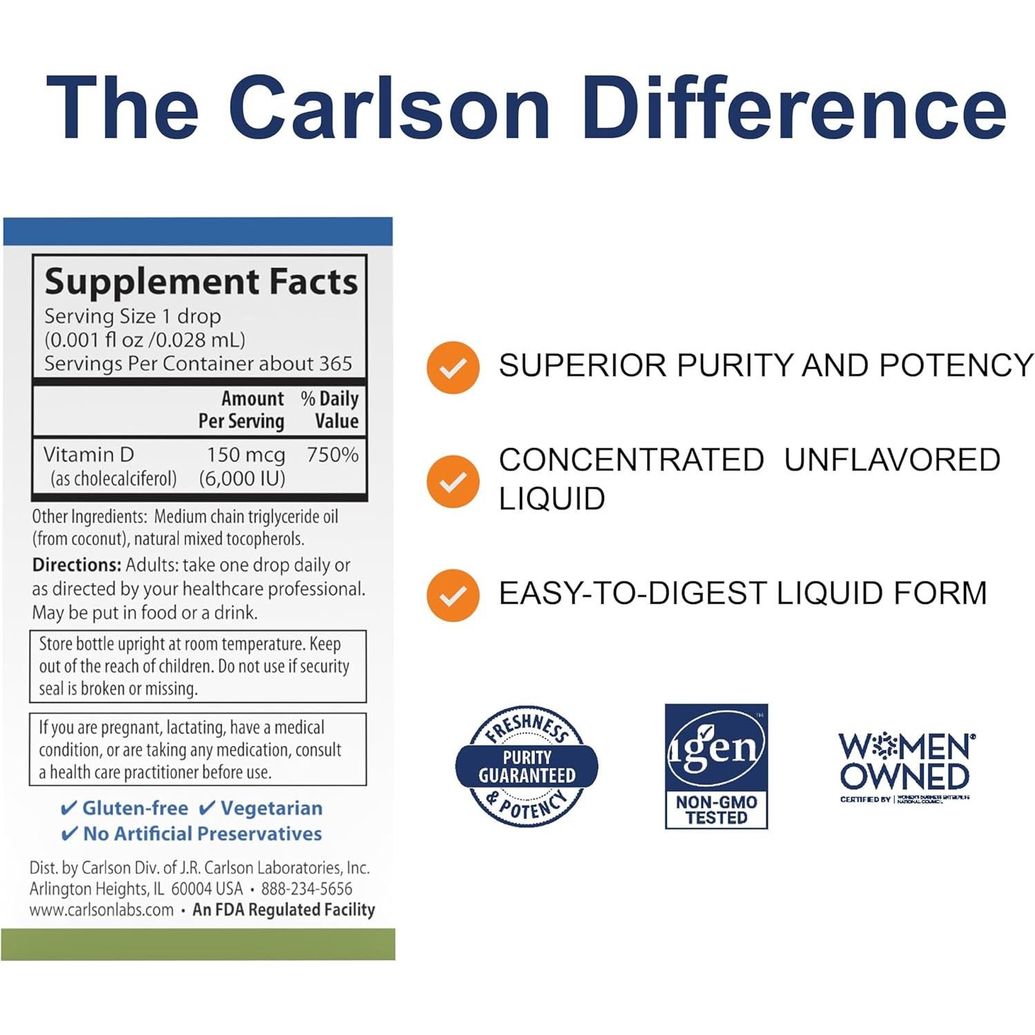 Vitamina D3 líquida Carlson 6000 IU 365 gotas vegetarianas