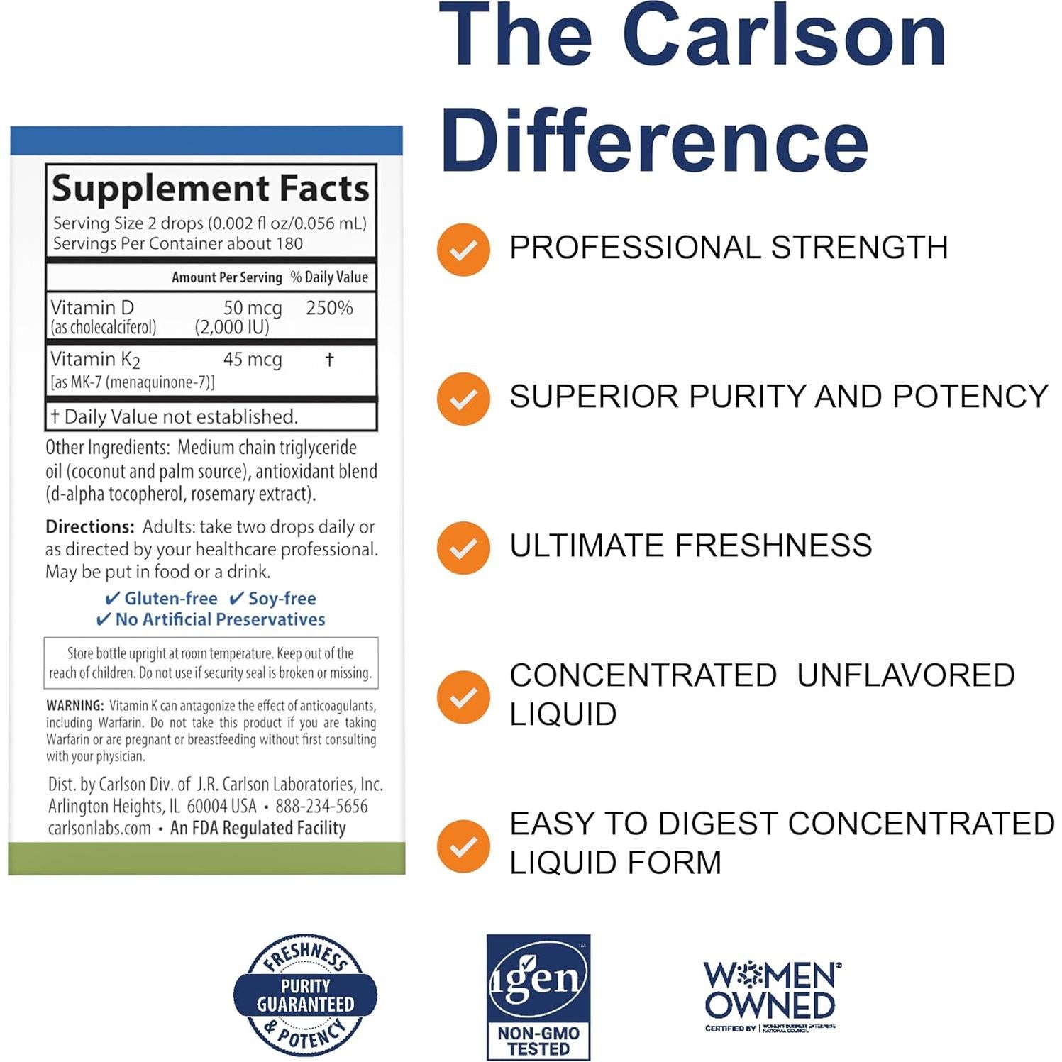 Carlson Super Daily D3 + K2, 50 mcg D3 + 45 mcg K2, 360 Gotas
