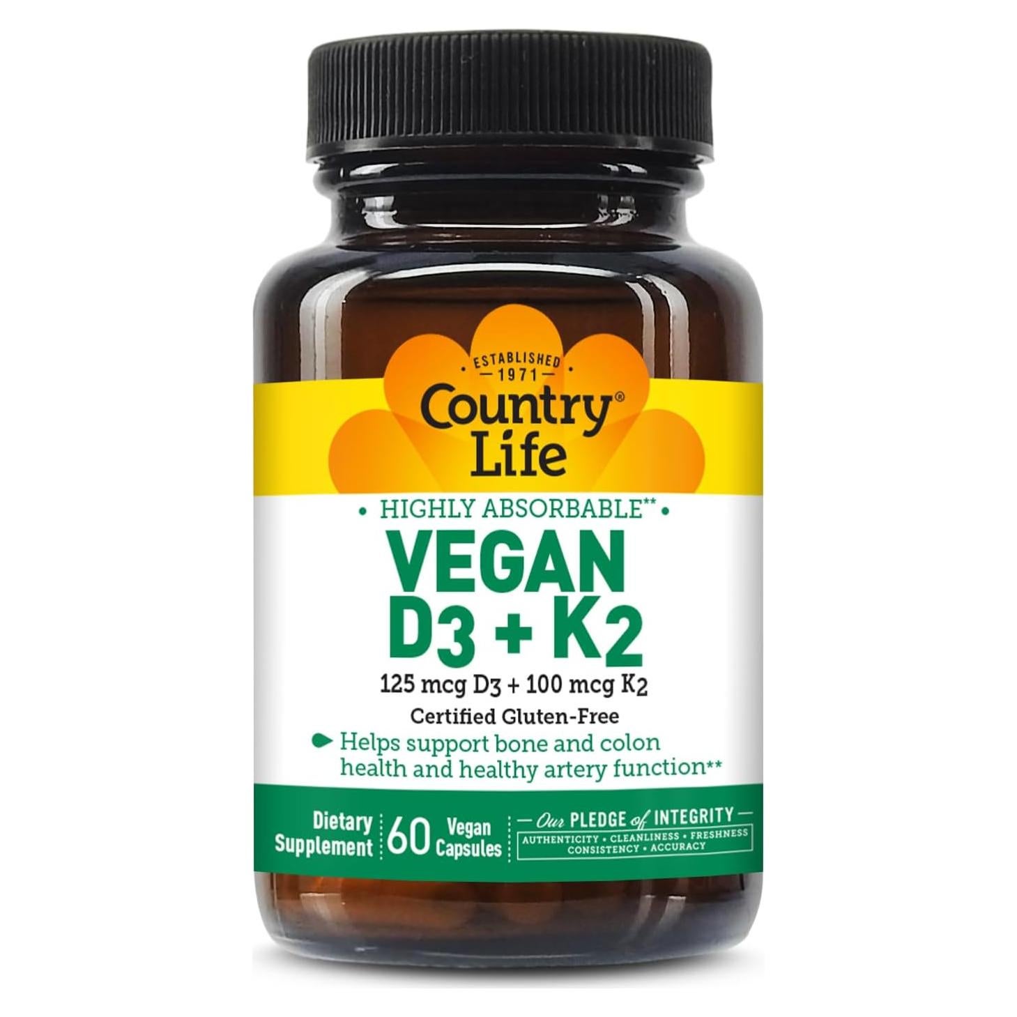 Country Life Vegan D3 + K2 5000 UI 100 mcg - 60 Cápsulas