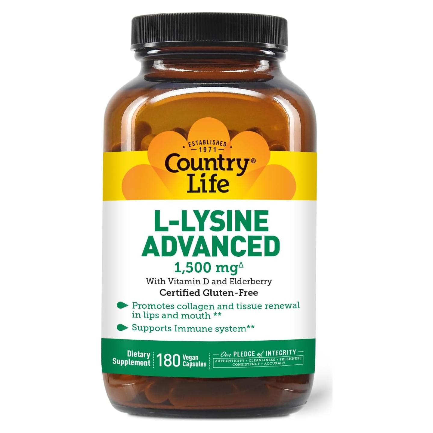 Country Life L-Lisina 1500mg Cápsulas Veganas con Vitamina D