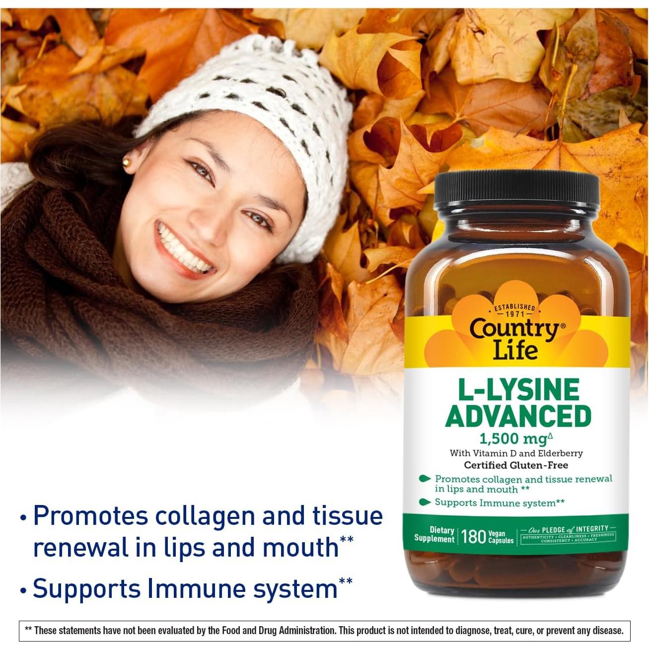 Country Life L-Lisina 1500mg Cápsulas Veganas con Vitamina D