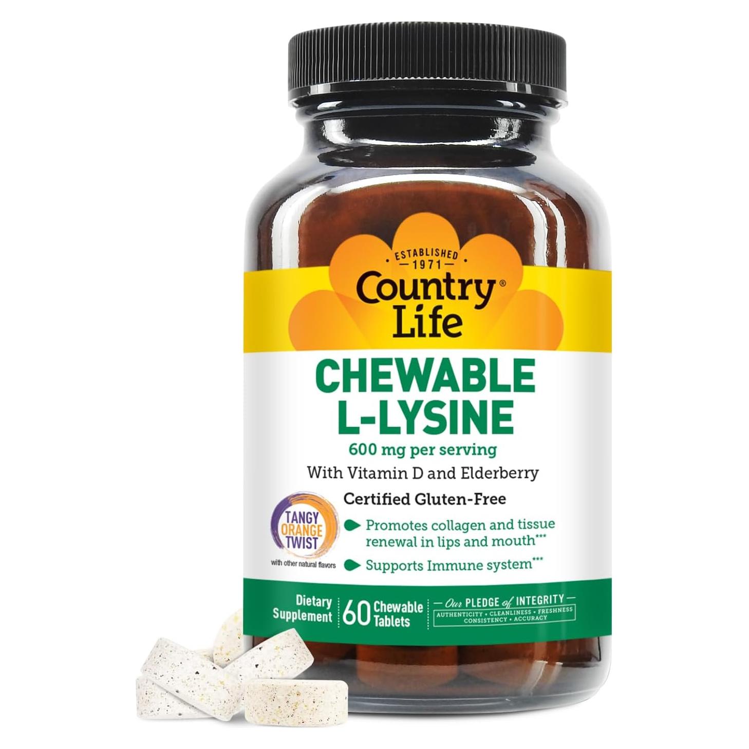 Suplemento Masticable L-Lisina Country Life 60 Unidades Vitamina D