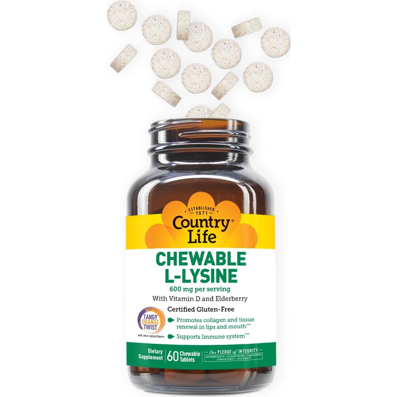 Suplemento Masticable L-Lisina Country Life 60 Unidades Vitamina D