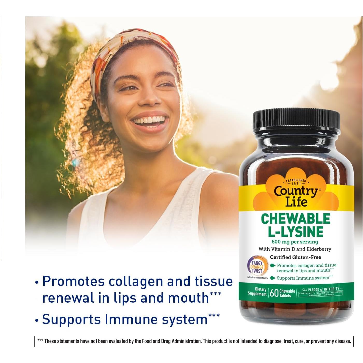 Suplemento Masticable L-Lisina Country Life 60 Unidades Vitamina D