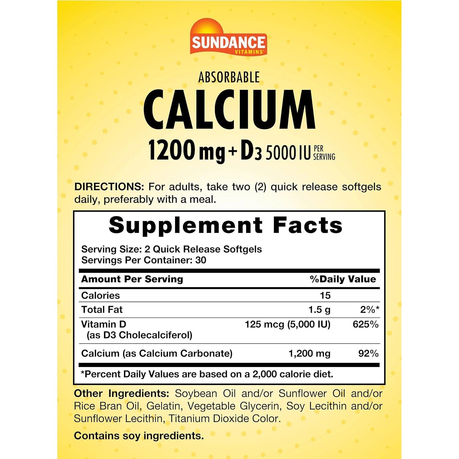 Suplemento de Calcio 1200 mg + Vitamina D3 5000 UI Sundance | 60 Gelatinas Blandas
