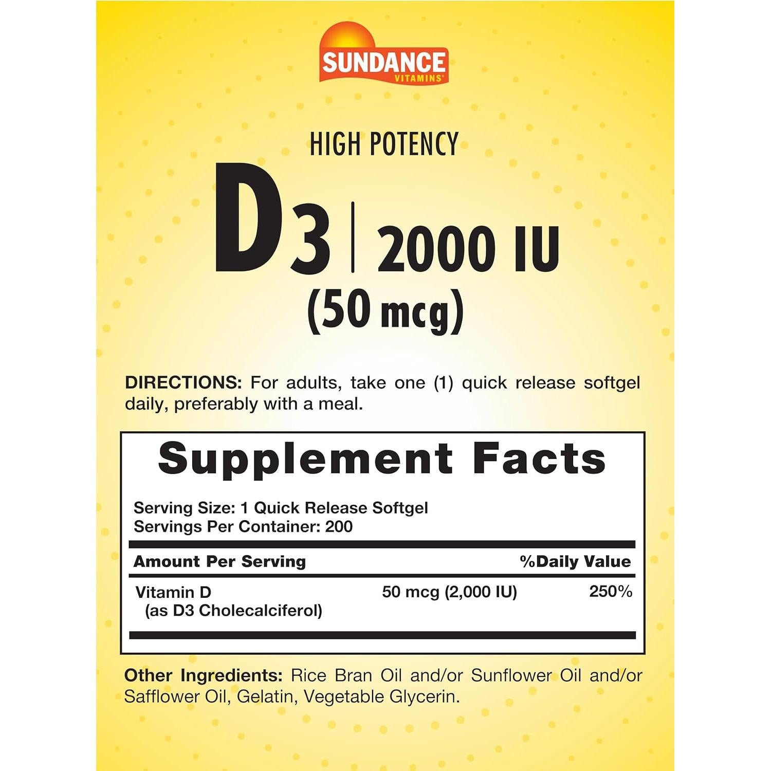 Suplemento de Vitamina D3 Sundance 2000 UI 200 Gelatinas Blandas