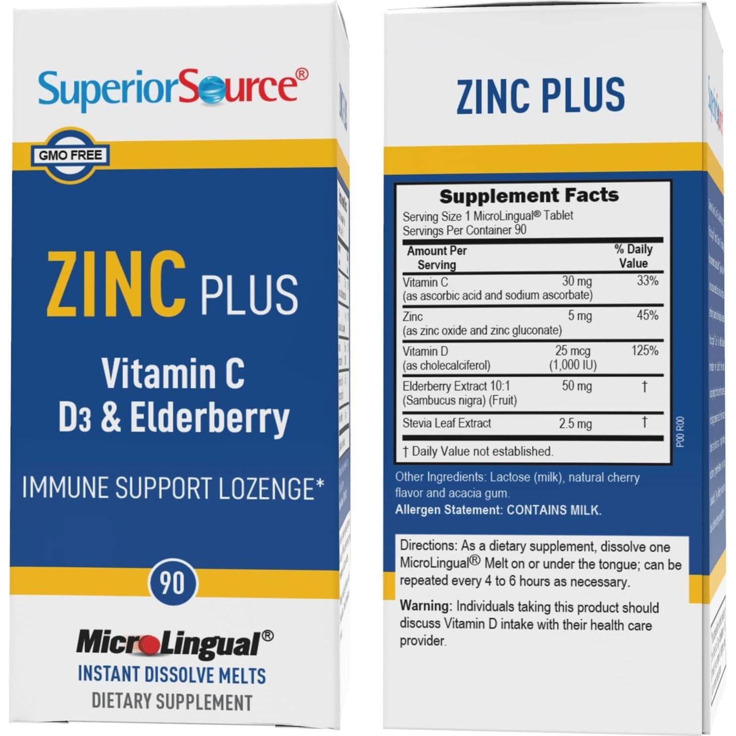 Suplemento de Zinc Superior Source con Vitamina C y D3 - 90 Tabletas Disolubles