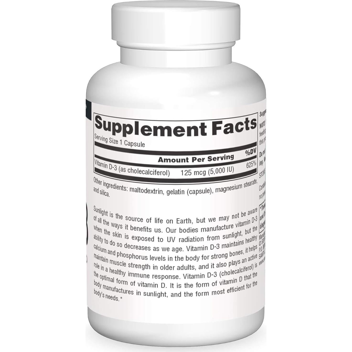 Vitamina D-3 Source Naturals 5000 IU 60 Cápsulas Salud Ósea