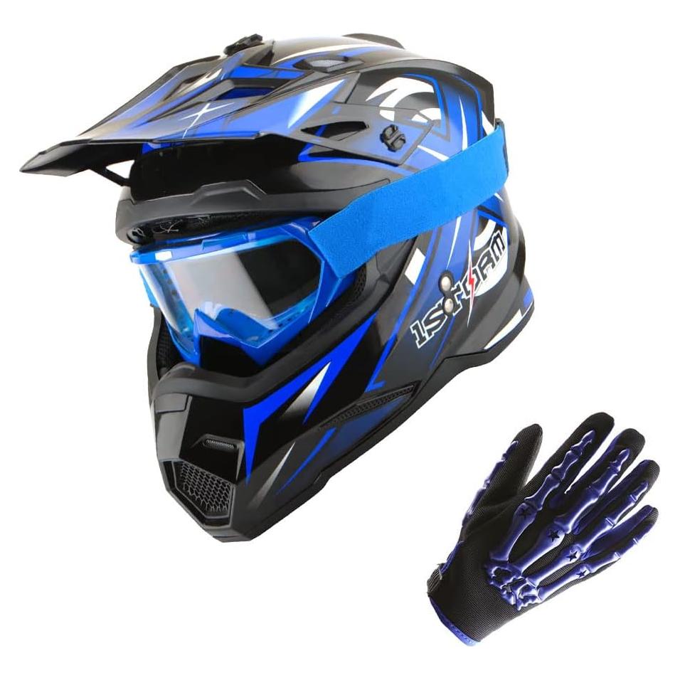 Casco de Motocross Power Gear HF801 Azul + Gafas + Guantes