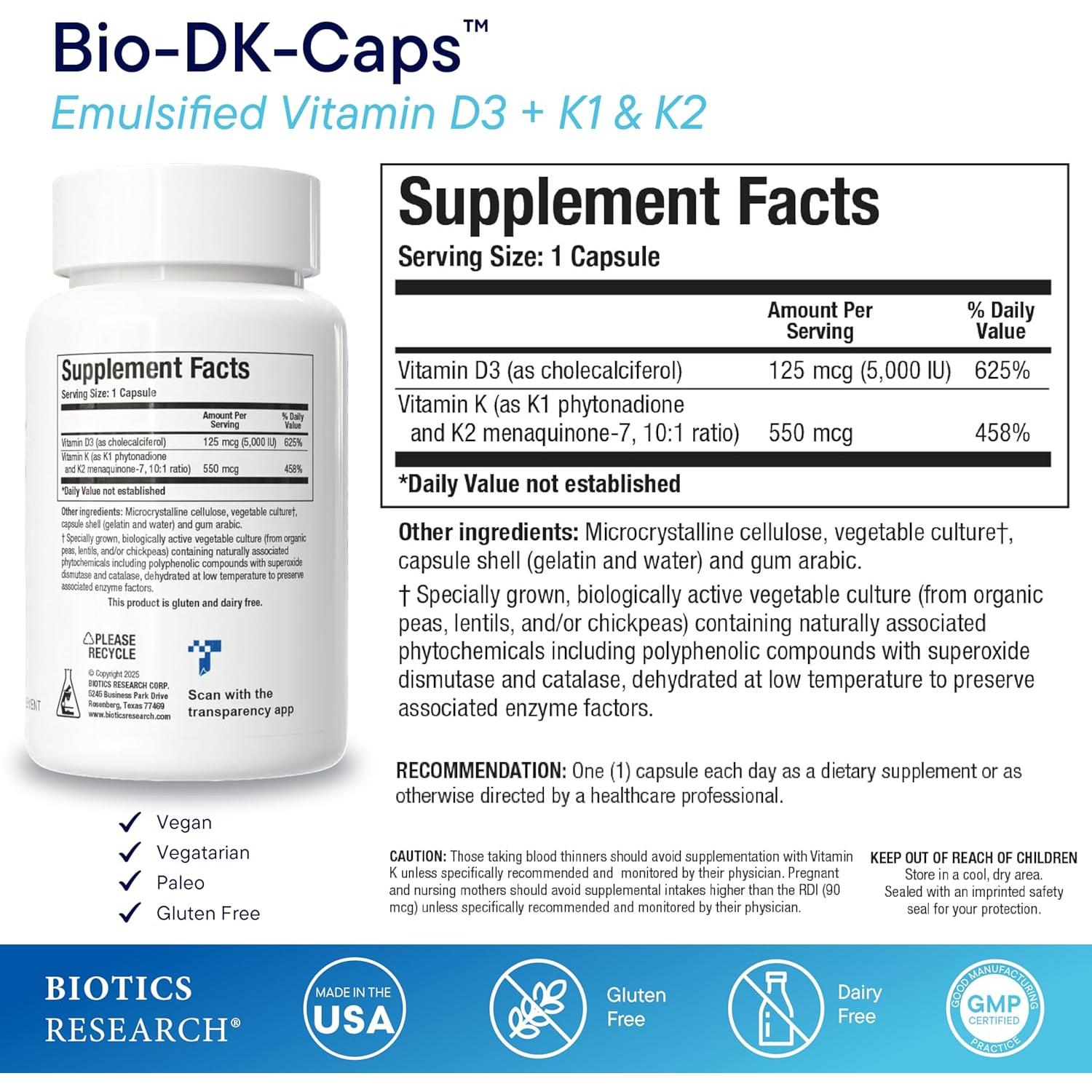 Biotics Research Bio-DK Caps - Vitamina D3 125 mcg y K2 550 mcg