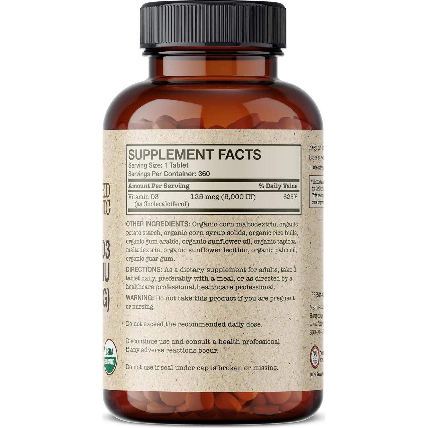 Vitamina D3 Orgánica Futurebiotics 5000 UI 360 Tabletas