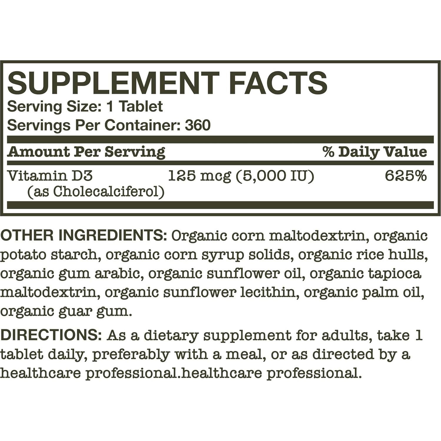 Vitamina D3 Orgánica Futurebiotics 5000 UI 360 Tabletas
