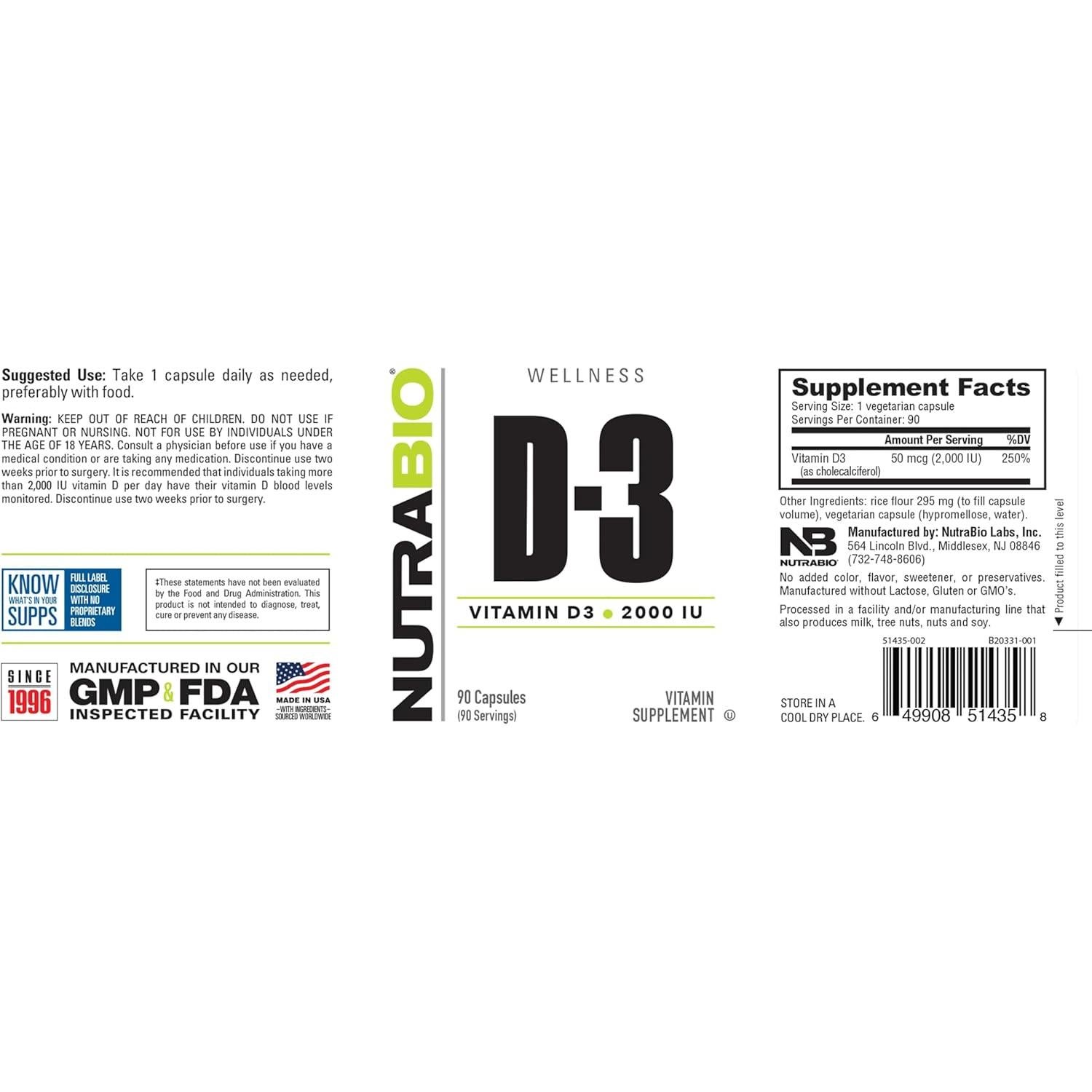 Vitamina D3 NutraBio 2000 UI - 90 Cápsulas Vegetales