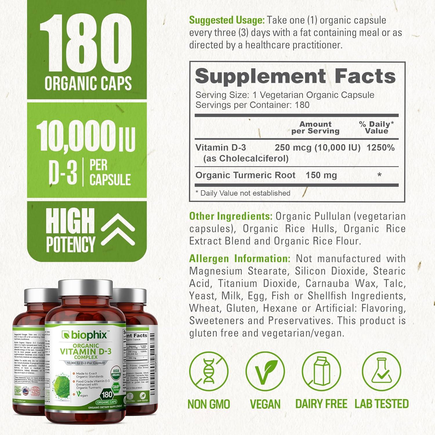 Suplemento de Vitamina D3 Orgánica Biophix 10000 UI 180 Vcaps