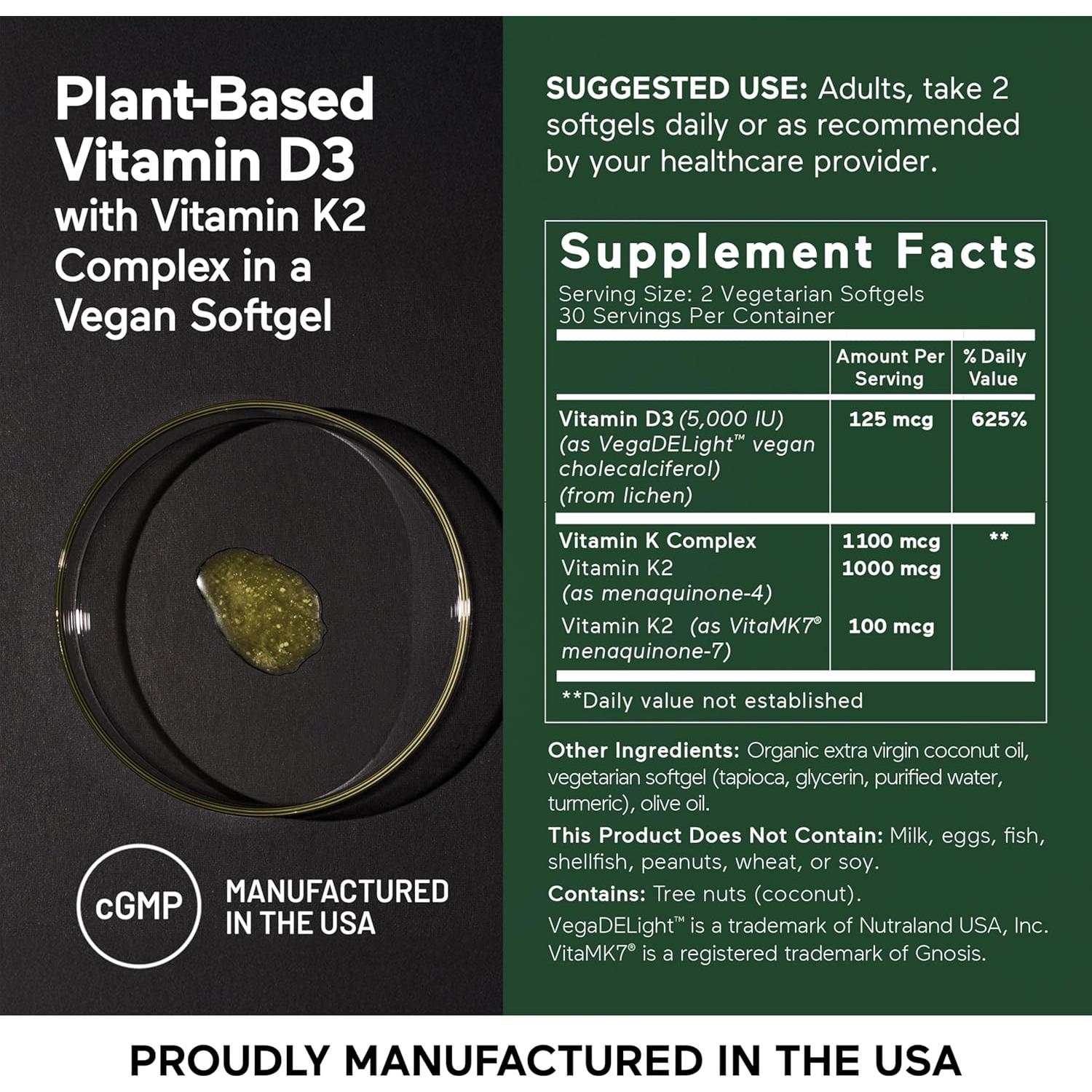 Suplemento Vegano Vitamina D3 5000 UI + K2 1100 mcg Smarter Nutrition